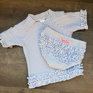 Ruffle Butts Blue and White Striped Kids Swim Set